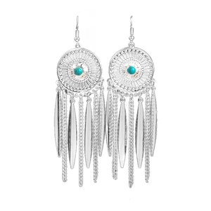 Ethnic long silver tassel earrings with blue stone and bohemian dreamcatcher design