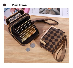 Macro detail of plaid brown wallet featuring accordion card slots and gold clasp
