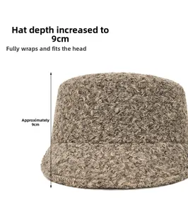 Detail showing 9cm deep crown and curly fleece texture of the warm winter bucket hat