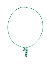 Close-up of a festive green and white candy cane pendant on a green cord necklace