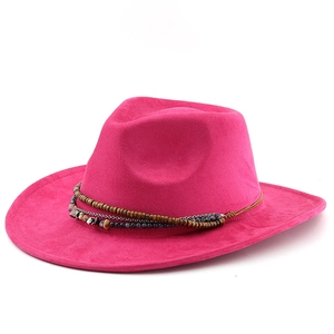 Bohemian rose red faux suede fedora hat with ethnic beads and stone detail
