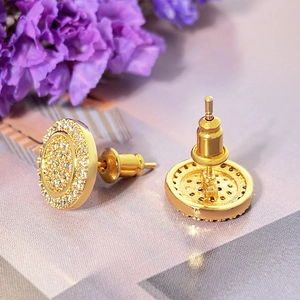 Hip hop style gold plated round stud earrings with micro paved cubic zirconia stones