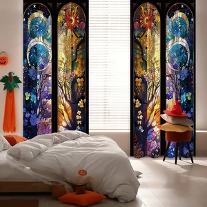 Bedroom scene with colorful stained glass style curtains featuring moon and star patterns