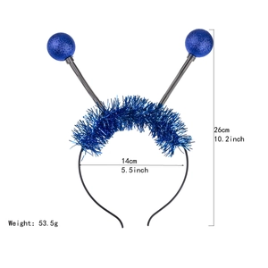 Blue alien antenna headband with silver springs and size measurements 26cm by 14cm