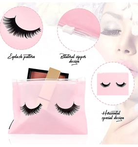 Detailed view of pink eyelash makeup bag with bilateral zipper and horizontal design