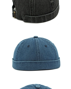 Dettaglio della fibbia in ottone regolabile e trama denim del cappello docker