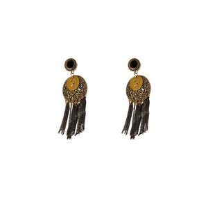 Vintage bohemian tassel earrings with portrait coin pendants and black rhinestones