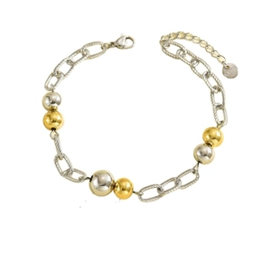 Interlocked two-tone stainless steel bead bracelet with textured links and lobster clasp