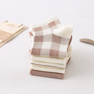 Set of bear embroidery cotton socks with cute plaid and solid patterns in beige and brown