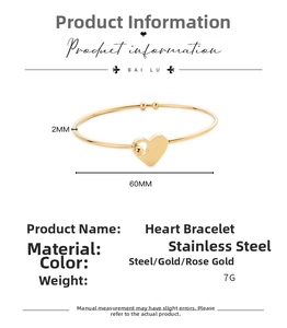 Detailed dimension guide for the 60mm diameter gold heart bangle in stainless steel