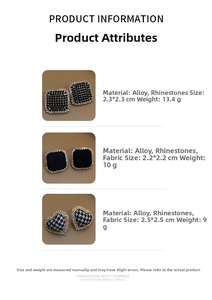 Detail view of houndstooth heart earrings and textured black square studs with dimensions