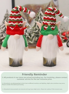 Detail of Christmas gnome wine bottle covers with striped hats and tiny golden bells
