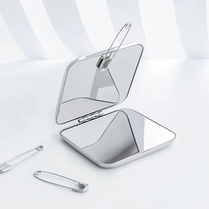 Minimalist square silver folding pocket makeup mirror with stainless steel finish