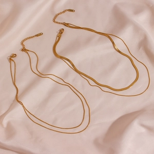Minimalist Stainless Steel 18K Gold Plated Layered Necklace For Women Double Row Herringbone Blade Chain Adjustable Jewelry