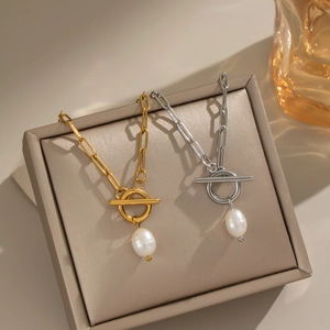 Elegant 18K gold and silver plated stainless steel necklaces with OT buckle and pearl pendant