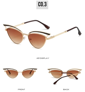 Detailed multi-angle views of hollow cat eye sunglasses with gold frames and gradient lenses