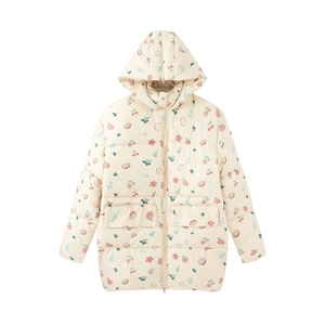 Damen Winterjacke mit Blumenmuster und Puffärmeln mit niedlichen Fruchtmotiven