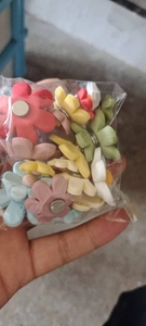 Detailed view of assorted colorful daisy flower magnets in a clear plastic bag
