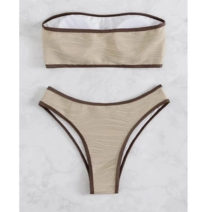 Bikini a fascia senza spalline kaki con trama ondulata e profili marroni a contrasto