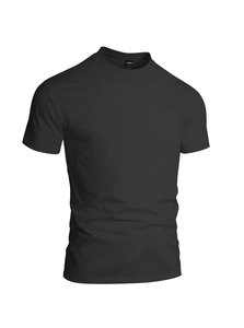 Close-up of the black crew neck T-shirt neckline with L size label and soft fabric texture