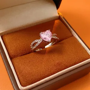 Heart Ring Pink Zircon Copper Open Adjustable Exquisite Shiny Light Luxury Fashion Hand Jewelry For Women Elegant Style