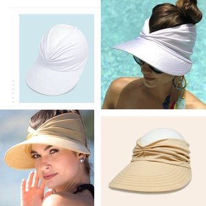 Collage showing women's pleated sun visors in white and beige for beach and outdoor use