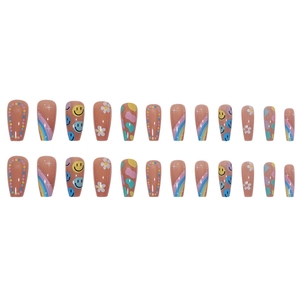 Rainbow dot smiley face press-on nails set with long coffin shape and daisy designs