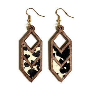 Cow print leather earrings with V-shape wooden frame and gold metal hooks