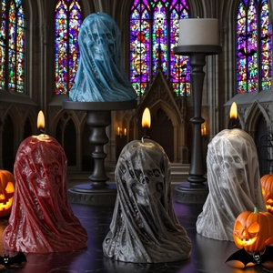 Gothic skull candles with veils in multiple colors set against a stained glass window