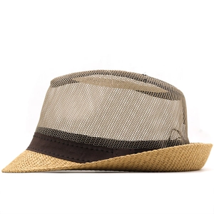 Close-up of breathable mesh crown and woven brim on the summer fedora sun hat