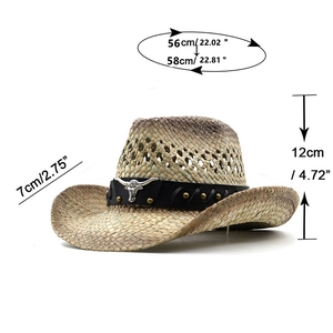 Detail view of woven straw cowboy hat showing dimensions and vintage metal cow head emblem