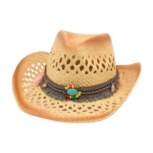 Straw Cowboy Hat Bohemian Ethnic Hollow Out Sun Protection Beach Summer Travel Vintage Tassel Beads Faux Turquoise
