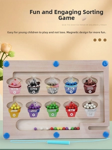 Detailed view of wooden magnetic color sorting maze with beads and cupcakes