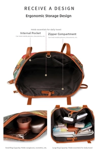 Vue détaillée de l'intérieur du grand sac cabas et de sa pochette montrant sa grande capacité