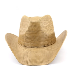 Close-up of a natural straw woven cowboy hat featuring a classic indented crown design