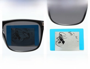 Polarized testing card demonstration showing lens performance for sports sunglasses