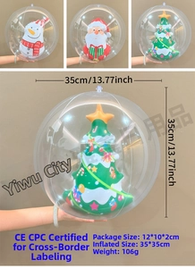 Detailed view of a 35cm transparent inflatable Christmas ball with snowman interior decor