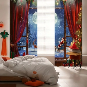 Detail of Christmas blackout curtain featuring Santa Claus and reindeer in a snowy forest