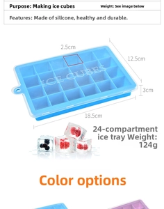 Close-up of 24-cavity silicone ice tray with dimensions 18.5x12.5x3cm and transparent lid