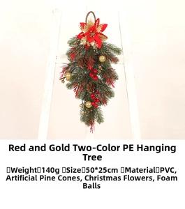 Detail view of 50x25cm red and gold Christmas teardrop swag with poinsettia and pinecones