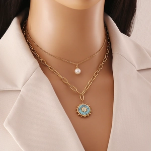 Vintage Sun Turquoise Necklace Stainless Steel Double Layer Artificial Pearl Pendant Jewelry For Women