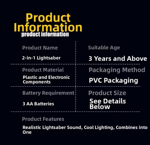 Technical detail of 2-in-1 lightsaber toy showing battery and plastic material specs