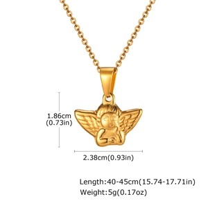 Detailed view of gold angel pendant showing dimensions 1.86cm height and 2.38cm width