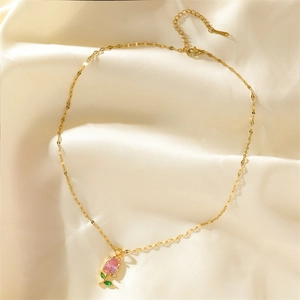 Elegant gold tulip necklace with pink zircon pendant on white silk fabric, S925 silver