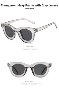 Detail of transparent grey cat-eye sunglasses with grey lenses in side and front views