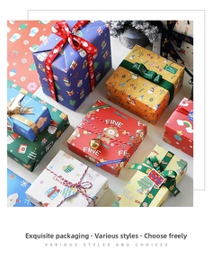Detailed Christmas gift wrap set with Santa patterns, ribbons, bells and gift tags