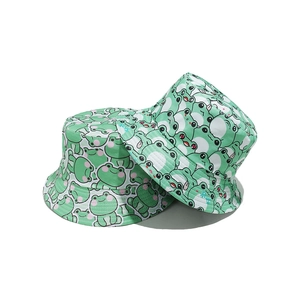 Green frog pattern bucket hat for women, casual summer cotton sun protection beach cap