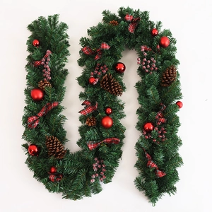 Christmas Garland Artificial Pine Needle Plaid Bows Pine Cones Berries Ornaments Mantel Stairs Home Decoration Classic Festive