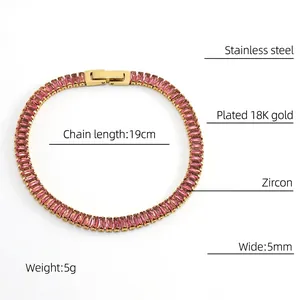 Detailed view of 18K gold plated stainless steel tennis bracelet with pink zircon stones