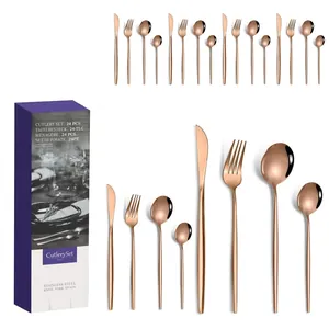 Detail of 24-piece rose gold stainless steel cutlery set with elegant gift packaging box